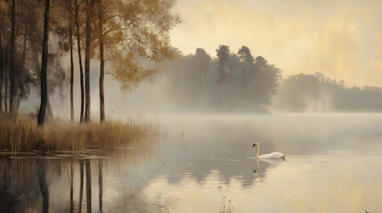 Fototapeta premium Serene Swan on Misty Lake: A Tranquil Autumn Landscape