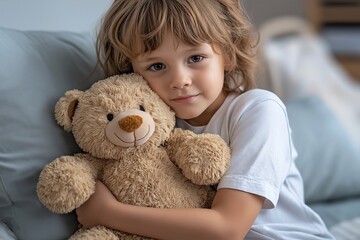Child hugging toy,  support  
