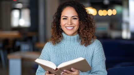 Hispanic woman in cozy sweater holding open book and smiling. 