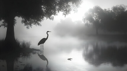 Serene Misty Lake: Heron Silhouette in the Morning Fog