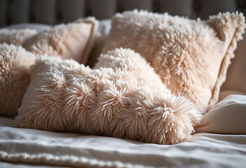 bunch of pillows that are on a bed