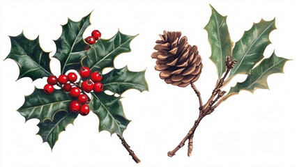 Festive Christmas Holly Berry and Pine Cone Decoration