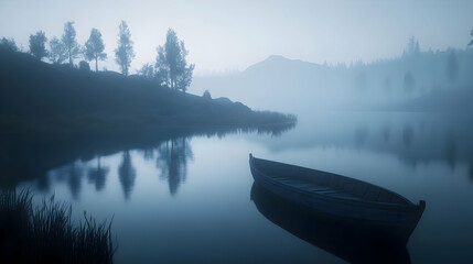 Misty Lake with a Lonely Boat: A Serene Landscape Photography