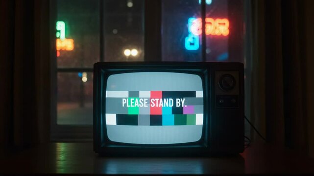 Vintage Television Set Displaying Test Pattern at Night