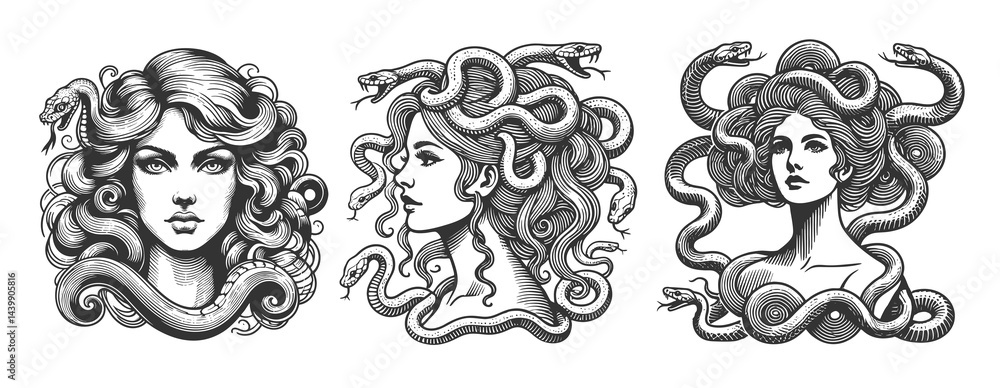 Poster medusa head set collection bundle sketch engraving generative ai raster illustration. scratch board 