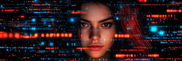 Double Exposure Portrait of Young Confident Woman emerging from digital binary computer code AI