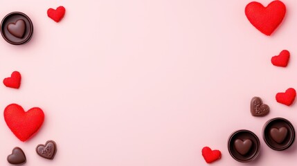 Chocolate hearts arranged on a pink background for a love-themed valentines day frame decoration
