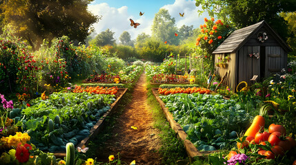 Vibrant Autumn Garden: A picturesque landscape of colorful flowers fresh vegetables and abundant harvest
