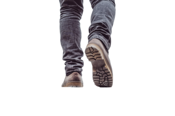 Motivational back view of man stepping up on stair isolated on white background for projects