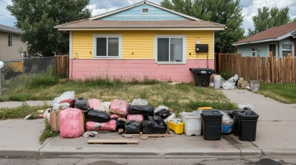 Partially completed house exterior with materials left unused