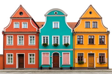 Three colorful historic houses in a row.