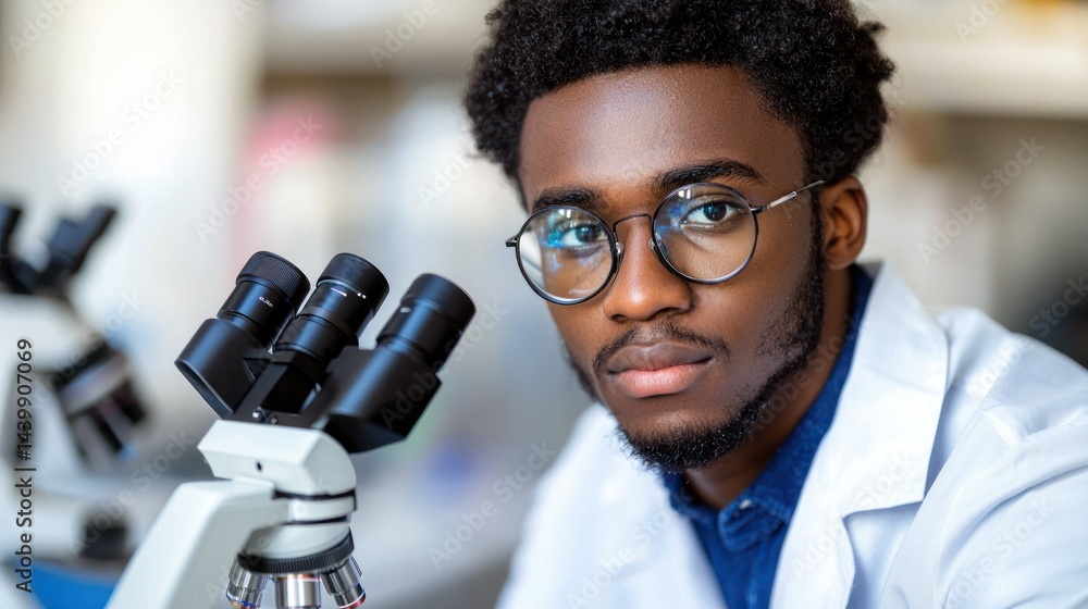 Poster serious scientist with microscope in a lab