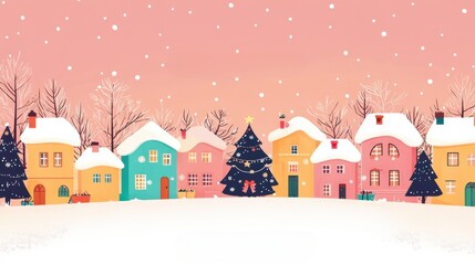 Snowy village landscape with houses trees and a serene winter atmosphere in a rural setting
