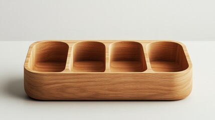 Minimalist wooden four-compartment organizer tray with smooth rounded edges and natural finish, ideal for storage, kitchen, office, or tabletop decor