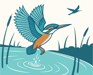 vector kingfish bird on the branch of the water