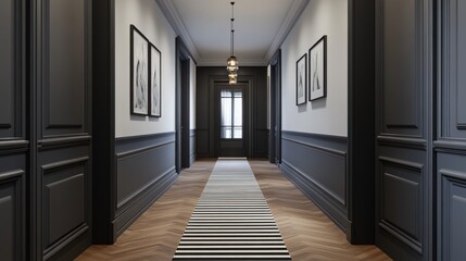 Elegant hallway interior design, herringbone floor, modern home decor, art prints, peaceful atmosphere