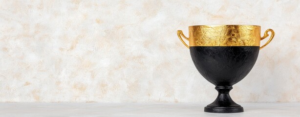 A sophisticated black and gold trophy rests elegantly against a creamy oil paint textured backdrop, showcasing its luxurious design and potential for prestigious award ceremonies.