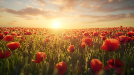 Stunning Sunset over a Field of Red Poppies