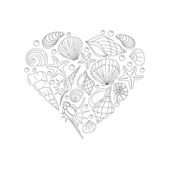 Set of seashells and starfish laid out in the shape of a heart. Linear illustration in black and white style on a white background.