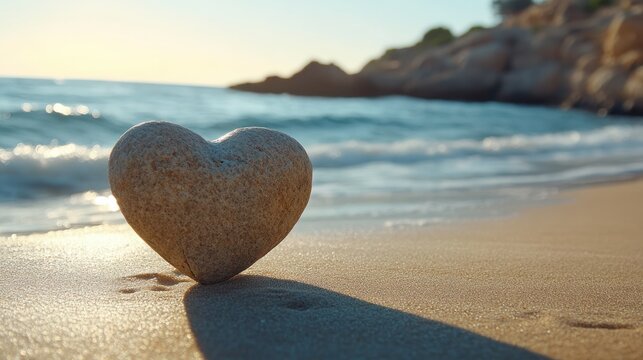 Beautiful natural heart-shaped stone on sandy beach at sunset with ocean waves and rocky cliffs in the background showcasing tranquility and coastal landscape scenery