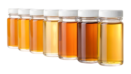 Collection of amber colored liquids in small glass jars.