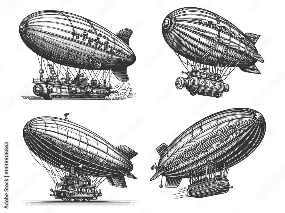 Poster steampunk airship dirigible set collection bundle sketch engraving generative ai raster illustration