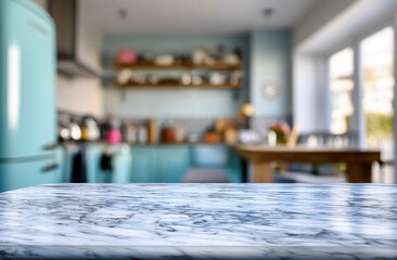 Blurred kitchen scene on marble countertop
