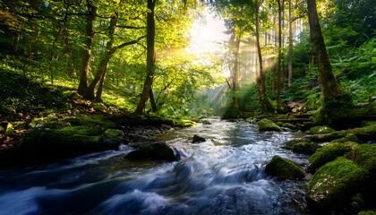Fototapeta premium Forest Stream at Dawn: Sunbeams pierce through the lush canopy of a tranquil forest, illuminating a crystal-clear stream flowing over moss-covered rocks. 