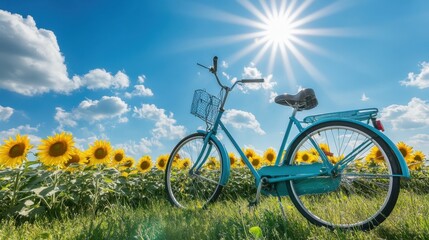 Obraz premium Bicycle parked beside a sunflower field under a bright summer sky