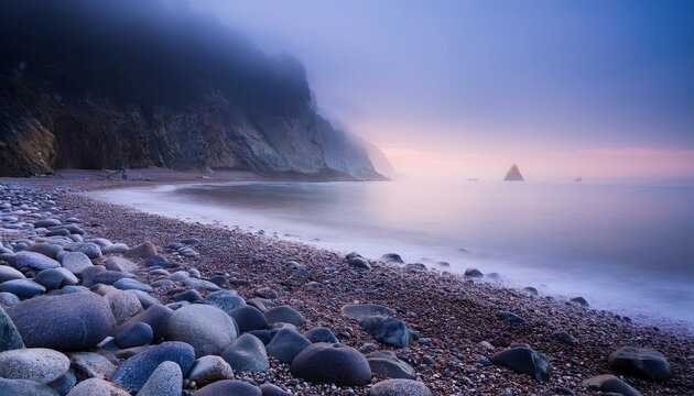Rocky shore at dawn with misty cliffs and calm sea, creating a peaceful, tranquil coastal scene.