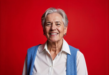 Portrait of happy gray-haired old lady in white shirt and blue sweater on a red background 