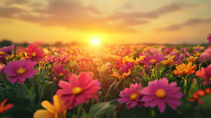 Obraz premium Sunset Serene: Vibrant Cosmos Flowers at Golden Hour