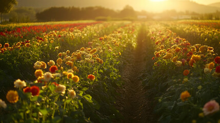 Stunning Sunset Dahlia Field: Vibrant Colors and Golden Hour Light