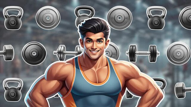 A smiling bodybuilder with muscles appears, behind him, rows of sports equipment move. Bodybuilding concept. Smooth animation on color paper background