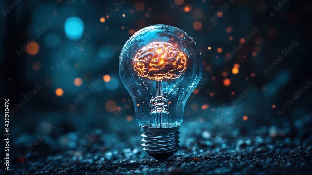 Poster enlightened cognition: a glowing brain within a bulb depicting idea generation