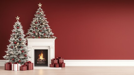 Fototapeta premium Christmas tree decorated with red and silver ornaments surrounded by gifts and a cozy fireplace setting