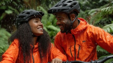 Smiling couple biking in the rain, wearing orange jackets