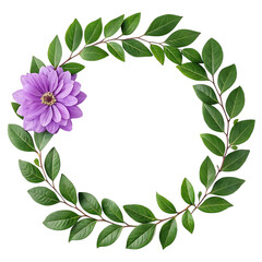 Fototapeta premium Floral wreath with purple flower and green leaves.