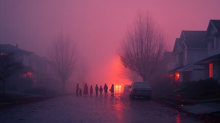Foggy street at dusk, silhouettes of people