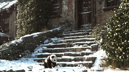 Obraz premium Snowy Panda on Steps in Chinese Village