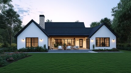 Fototapeta premium Modern farmhouse rear view, evening light, patio, landscaping, real estate listing