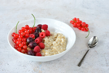 Oatmeal cereal with Fresh Berries in a White Bowl