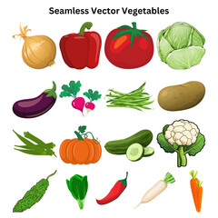 Seamless Vector Pattern with Fresh Vegetables — Organic Food Background, Healthy Farming Illustration, Colorful Farm Produce Design