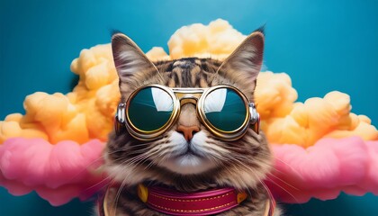 A stylish tabby cat wearing sunglasses poses confidently with colorful clouds in the background.