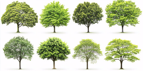 Fototapeta premium Eight different green trees isolated on white.
