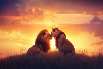 A male and female lion share a tender moment atop a glowing hill. Their silhouettes are striking against a vivid sunset, showcasing the majestic serenity of African wildlife.