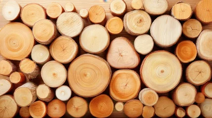 Selbstklebende Fototapeten Close-up view of stacked wooden logs showcasing intricate wood grain patterns and textures in natural setting © ANUPONG WANSUKH
