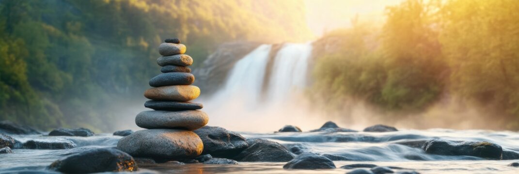 A minimalist stone cairn sits poised on a rocky riverbed as a majestic waterfall glows under a golden sunset. The scene exudes tranquility and balance, embodying nature's serene elegance. - Powered by Adobe