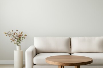 Minimalist living room decor featuring wooden furniture
