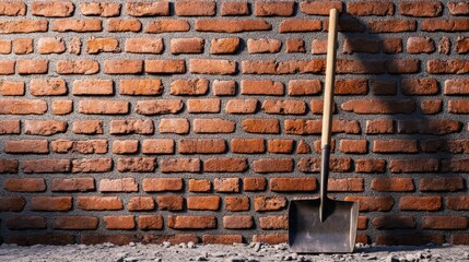 Shovel leaning against a brick wall